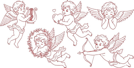 Fototapeta premium Cupid Cherub Red Line Art Set – Romantic Valentine’s Day Angel Illustrations with Heart, Bow, Lyre, and Floral Wreath