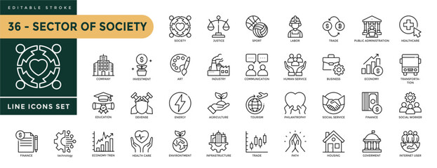 A collection of Sector Of Society icons set with editable stroke, including education, justice, healthcare, energy, technology, transportation, arts. Thin linear vector illustration.