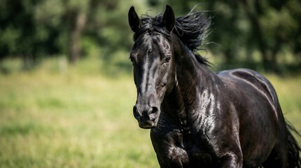 A majestic black horse with a flowing mane runs gracefully through a sunlit green field.