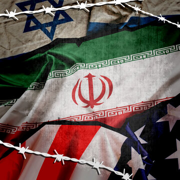 USA Israel Iran Conflict Concept with Flags and Barbed Wire Background : Iranian, American and Israeli flags layered with barbed illustration. 