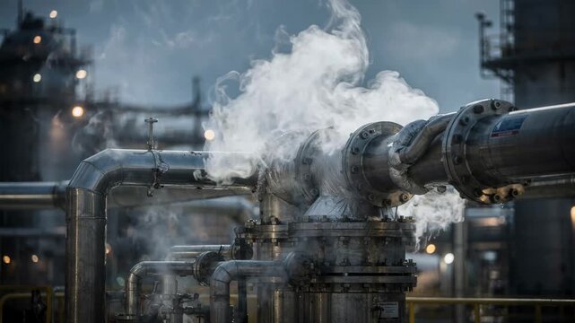 Medium shot capturing steam rising from vacuum distillation unit piping during heavier fraction refining phase.