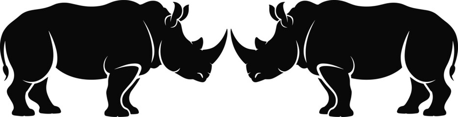 Black Silhouette of Two Rhinoceros Facing Each Other, African Wildlife Animal Icon, Wild Rhino Vector Illustration Isolated on White Background. © Empowerment angle 