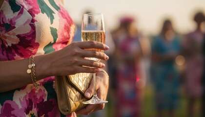 Woman holding champagne glass and clutch purse at outdoor event  