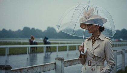 Woman in trench coat holding clear umbrella at horse racing track  
