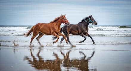 Two horses running on wet beach shore near ocean waves  