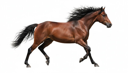 Powerful brown horse running in motion, isolated on white background. Symbol of strength, freedom, speed, and equestrian lifestyle.