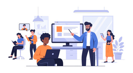 Fototapeta premium Corporate Training, Business Presentation, and Mentorship Illustration. Diverse Team Learning and Professional Development in a Modern Digital Office.