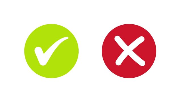 Animated pop-up green check mark and red cross X symbol on a transparent background. A checkmark in and out motion graphics animation. Video footage of yes or no, true or false with alpha channel