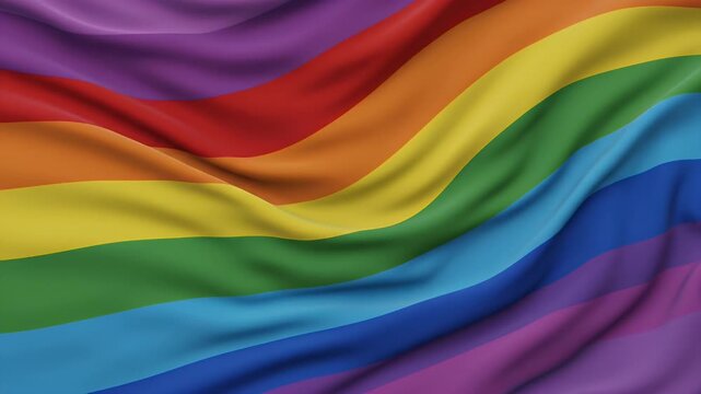 A vibrant, flowing flag displays rainbow stripes, rippling in a gentle wave