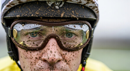 Male jockey covered in mud after horse race in outdoor setting  