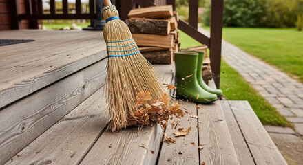 Broom sweeping fallen leaves onto porch floor beside green boots  