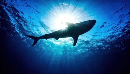 Obraz premium Majestic Shark Silhouette Swimming Beneath the Ocean Surface with Sun Rays.