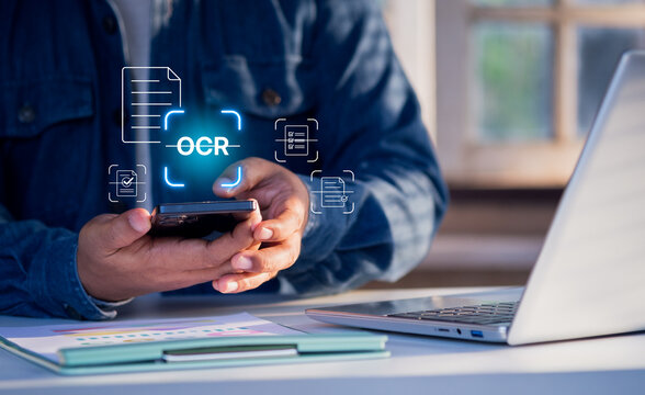 Mobile OCR document scanning technology for digital paperwork management, showing business professional using smartphone to capture paper documents and convert them into searchable digital data