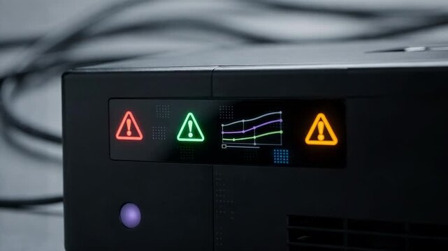 Detailed medium shot of projectors sensor interface featuring alert icons for lamp issues clear focus on critical data surrounded by soft undefined tech environment.