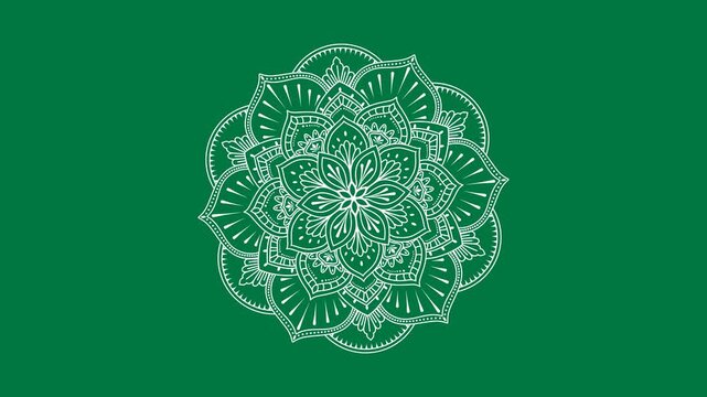 4K animation, mandala ornament circles rotating seamless loop. With green background or alpha channel.