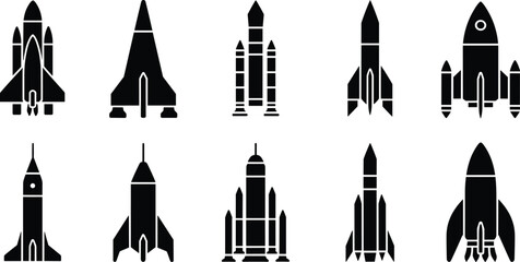 Black silhouette rocket ship icons set including space shuttles launch vehicles and galactic exploration spacecraft elements isolated on white background © Empowerment angle 