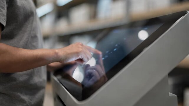 Medium shot of a customer interacting with an ondemand microprint kiosk focusing on the touchscreen while the background remains blurred.