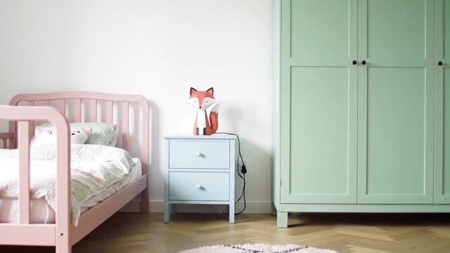 A charming child's bedroom features a pink bed and mint green wardrobe.