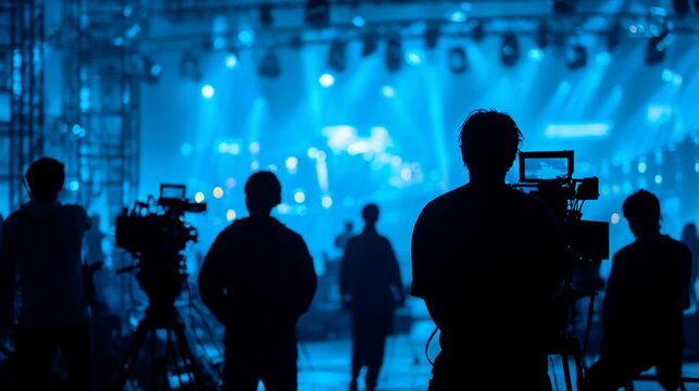 Silhouettes of camera operators capturing a vibrant blue-lit stage event with professional lighting and dynamic backstage atmosphere