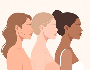Three diverse women in profile against a light background, illustration depicts solidarity