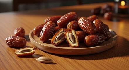 Delicious dates piled on a wooden plate with some cut open