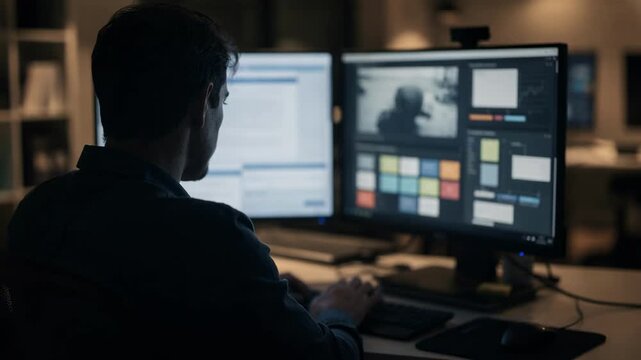 Medium shot capturing AI interface breaking down an indie feature screenplay focusing on automatic scene classification while office background remains out of focus.