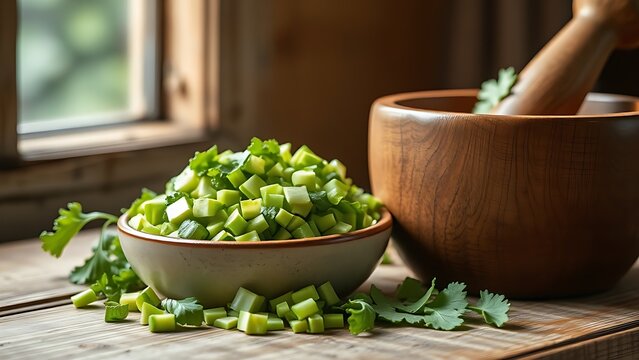 Chopped fresh lovage in ceramic bowl beside wooden mortar, culinary still life with natural lighting. menu design.
