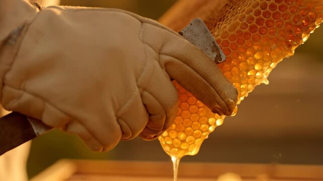 Gloved hand inspecting honeycomb frame, dripping honey, beekeeping concept.