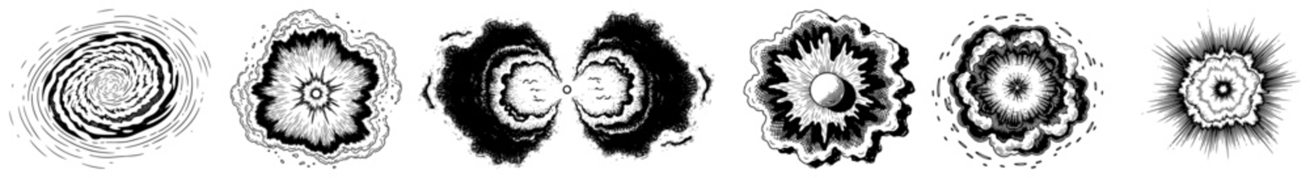Set of abstract circular explosion and radial patterns
