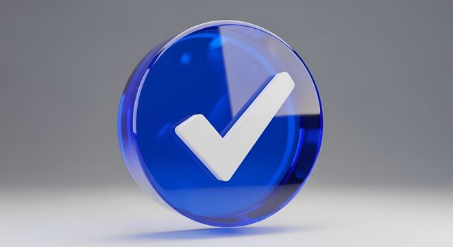 White check mark inside a blue transparent 3D circle button on neutral background