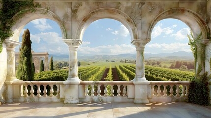 Obraz premium maintain the elegant architectural elements of an arch with columns and a balcony overlooking tuscany, featuring detailed marble textures for a realistic effect