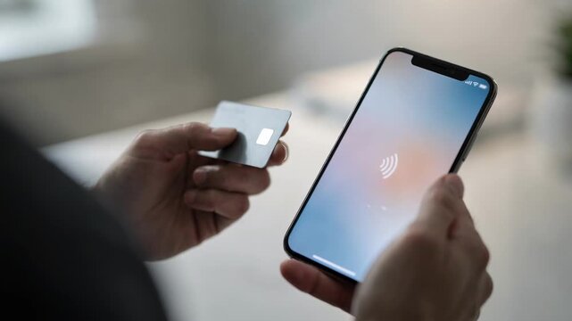 A neat medium shot showing someone scanning an NFCembedded card triggering a slideshow on their device as the background fades softly out of focus.