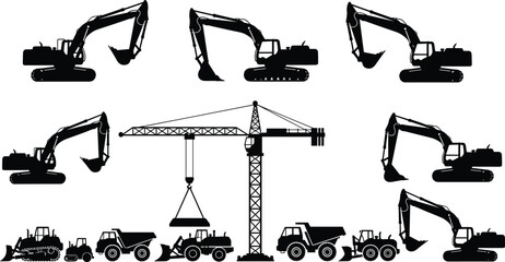 Silhouettes of construction vehicles including excavators, bulldozers, dump trucks, tower crane, and front loaders arranged symmetrically for industrial machinery illustration and engineering design  © Monjurul