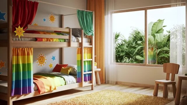 Colorful bunk beds with rainbow accents in a bright, cheerful children's room.