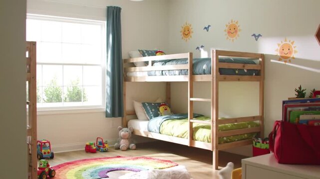 Children's bedroom with bunk beds, toys, and sunny wall decor.