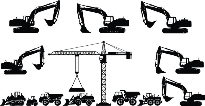 Silhouettes of construction vehicles including excavators, bulldozers, dump trucks, tower crane, and front loaders arranged symmetrically for industrial machinery illustration and engineering design 