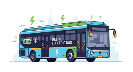 A colorful illustration depicts a delhi electric bus with lightning bolts and a battery icon utilizing a flat silhouette high quality © Creativekhairul02