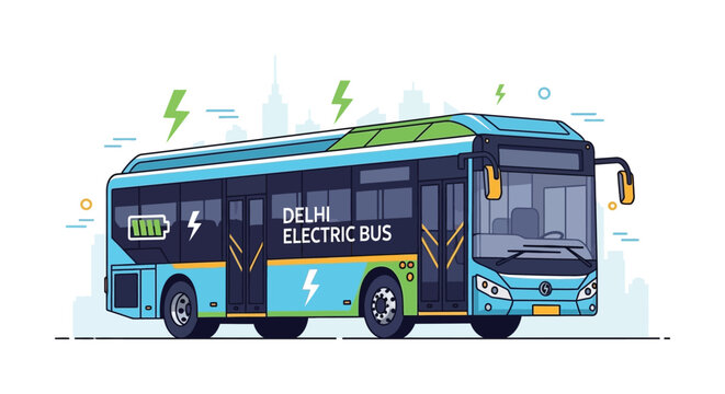 A colorful illustration depicts a delhi electric bus with lightning bolts and a battery icon utilizing a flat silhouette high quality