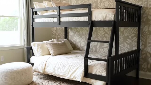 Dark wood bunk beds with white bedding in a cozy room.