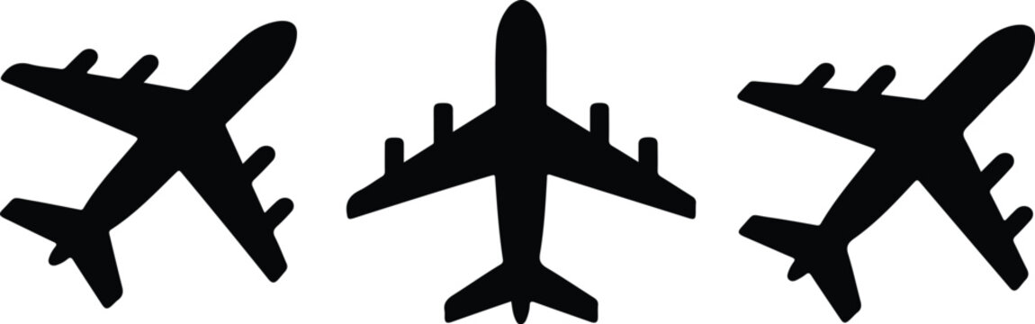 Simple Flat Airplane Symbol Vector Set with Black Plane Silhouettes for Web, App and Infographic Design