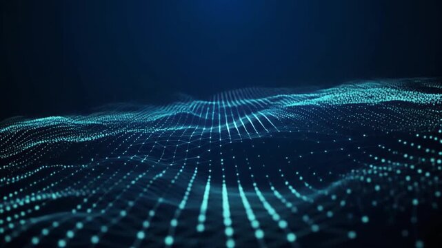 Digital wave of glowing blue dots and lines on dark background, representing data flow or network connection, possibly for tech or business use