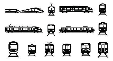 A collection of black train icons in varying perspectives and styles presented as a graphic illustration silhouette high quality professional detailed © Creativekhairul02