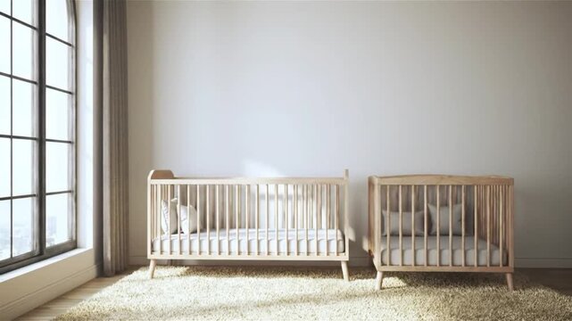 Bright nursery with wooden cribs and large window offers sunlit space.