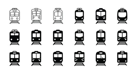 A collection of stylized train icons in varying perspectives and designs presented as a black silhouette high quality professional detailed modern © Creativekhairul02