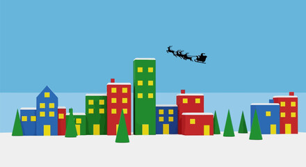 Fototapeta premium Santas Sleigh in Flight over Colorful Winter Cityscape with Snowy Trees in Bright Cartoon Style for Holiday Greeting Cards