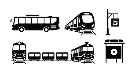 A collection of various public transportation vehicles in black including a bus train and tram silhouette high quality professional detailed modern © Creativekhairul02