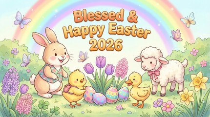 Naklejka premium A cartoon Easter scene with a rabbit, sheep, ducklings, and chicks amidst vibrant flowers and eggs under a colorful rainbow