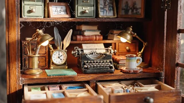 Miniature vintage home office desk with brass lamp and typewriter in a carved wooden cabinet