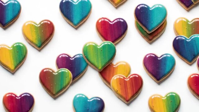 Heart-shaped cookies with vibrant rainbow icing are artfully arranged on a white surface.