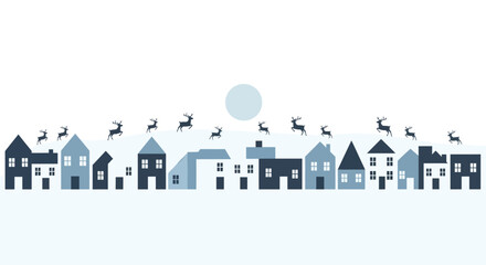 Winter village with reindeer in minimalist style with blue color palette on white background for greeting card © MASHUDA  Stock